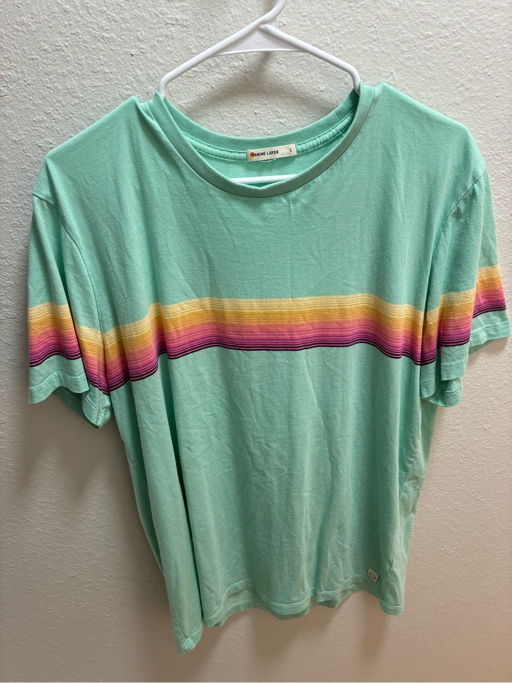 Marine Layer Mint Green Tee with Rainbow Chest Stripe